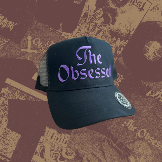 The Obsessed purple embroidered logo trucker hat