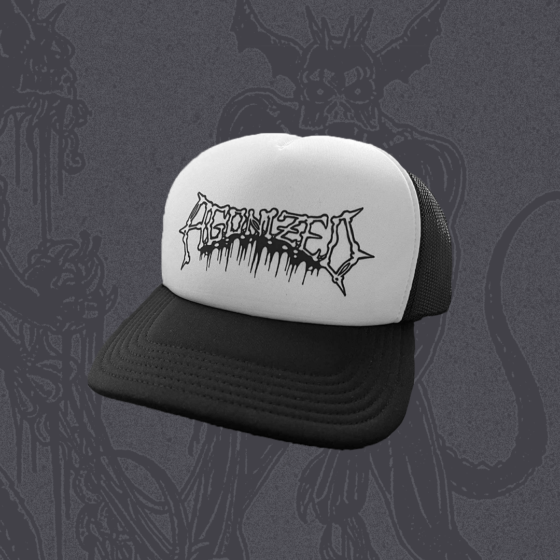 Agonized white printed logo trucker hat